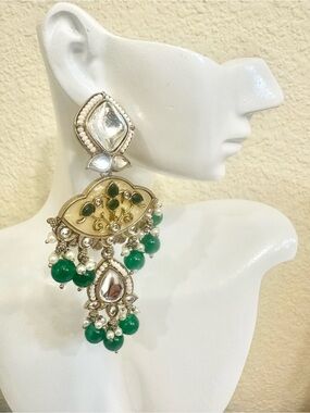 Gold Plated Green & Gold Kundan-Style Drop Earrings